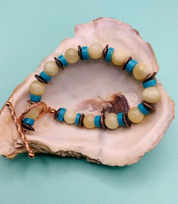 Yellow Agate and Malachite Bead Bracelet, Malachite and Agate Bead Bracelet, Multi Stone Bead Bracelet, Yellow and Blue Bead Bracelet - image3